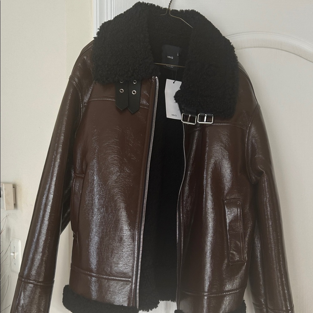Mango Dark Brown faux Leather Jacket with Black Collar